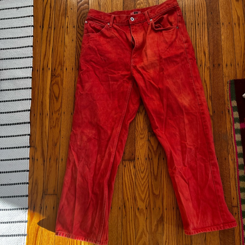 Beautiful coral/tangerine Uniqlo U hand washed denim